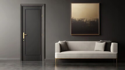 A stylish living room featuring a gray-brown color scheme, a minimalist sofa, and a panel door with metallic accents.