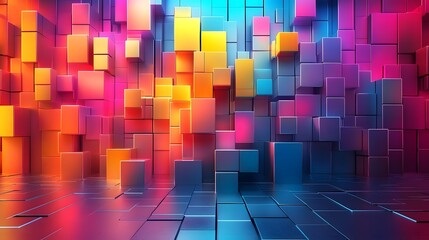 Vibrant Geometric Mosaic of Colorful Cubes and Prisms in an Abstract Digital Composition