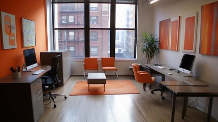 Modern Orange Office Design with Large Windows and City View
