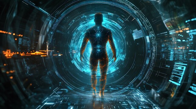 Futuristic digital human surrounded by glowing blue and orange energy in a cybernetic realm
