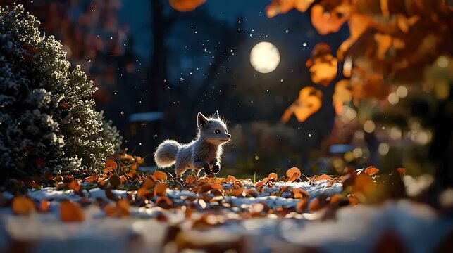 Arctic fox kit running autumn leaves, snowy forest night, moonlit scene; children's book illustration