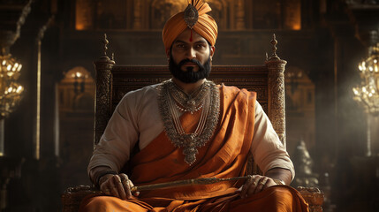 realistic portrait of Maharaja Shivaji sitting on a golden throne, wearing traditional jewelry and a royal sword, ai generated images.