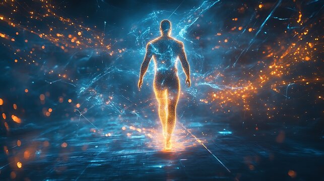 Futuristic digital human surrounded by glowing blue and orange energy in a cybernetic realm