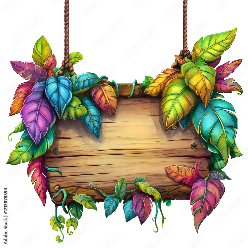 Poster a whimsical wooden sign hangs from ropes adorned with brightly colored tropical leaves and vines cre