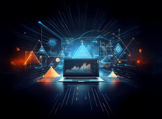A futuristic laptop displays data visualizations amidst glowing pyramids and dynamic light streaks, symbolizing technological advancement and data analysis.