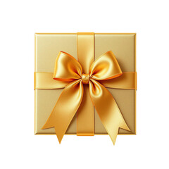 Gold color gift box with gold color silk ribbon bow on top view isolated on transparent background
