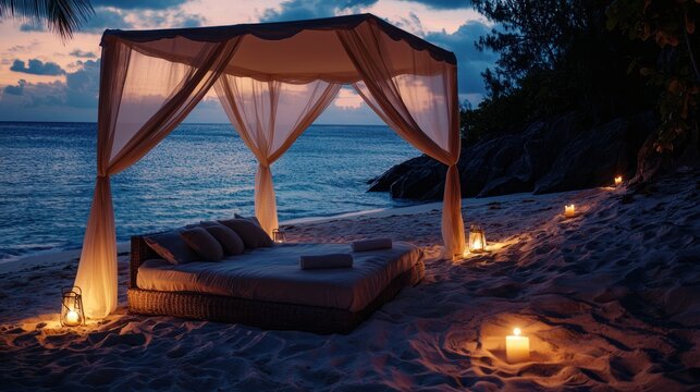 A romantic beach setup with a canopy, candles, and cushions, perfect for a private evening for two.
