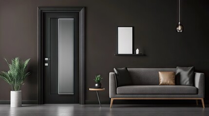 A stylish living room showcasing gray-brown decor, a sleek sofa, and a modern frosted glass door.