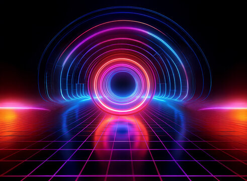Neon circles and glowing lines arc over a reflective grid floor, creating a vibrant, symmetrical, futuristic scene.  The dark background enhances the luminescence.