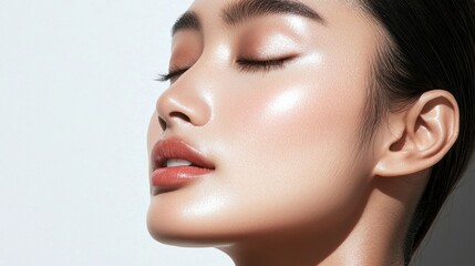Fototapeta premium Radiant skin closeup natural light beauty portrait serene environment soft focus timeless elegance