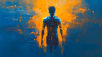 Fototapeta premium Futuristic human bathed in blue and orange light in a high-tech cybernetic digital world