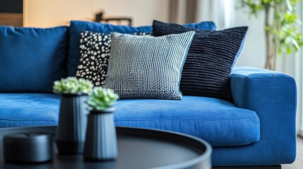 Scandinavian interior design for modern living room. Modern blue sofa with pillows and black round wooden table in minimalist style living room.