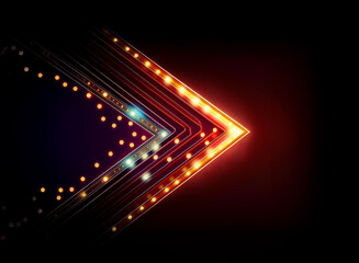 Glowing arrowhead design,  circuit board style, vibrant red, orange, and blue lights, dark background.  Suggests technology, progress, or future.