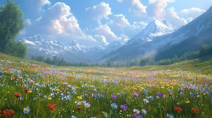 A field of wildflowers blooming in a meadow with a mountain range in the distance  © sasisom