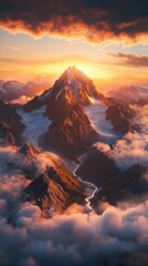Fototapeta premium Breathtaking Mountain Landscape at Sunrise with Dramatic Clouds and Serene River Flowing through the Valley, Capturing the Beauty of Nature