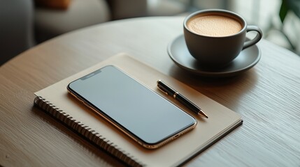 Morning Workspace with Coffee, Smartphone, and Notebook on Table