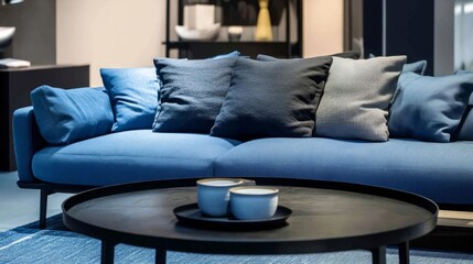 Scandinavian interior design for modern living room. Modern blue sofa with pillows and black round wooden table in minimalist style living room.