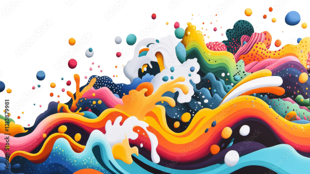 Poster a vibrant digital illustration featuring abstract waves and spheres in a multitude of bright colors 