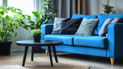Scandinavian interior design for modern living room. Modern blue sofa with pillows and black round wooden table in minimalist style living room.