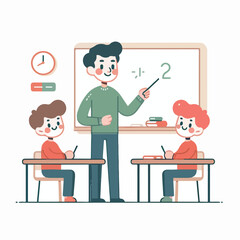 Smiling Teacher Guiding Students in a Simple Classroom Setting