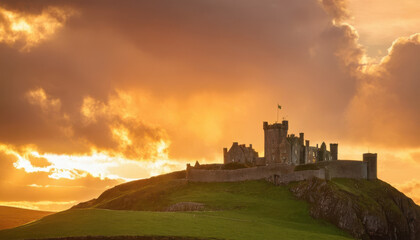 Obraz premium Majestic Irish castle on green hill with golden sunset