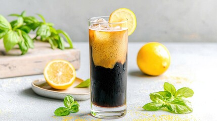 Fototapeta premium Refreshing coffee tonic with citrus splash in tall glass bright kitchen setting modern beverage presentation
