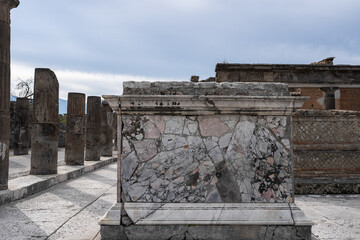 View of ancient Roman city ruins street of Pompei, destroyed from eruption of Mount Vesuvius in 1st...