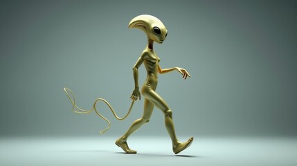 Depict an alien in an extraterrestrial mockup, with elongated limbs and unique gestures, moving gracefully with fluid movements, occasionally looking around.