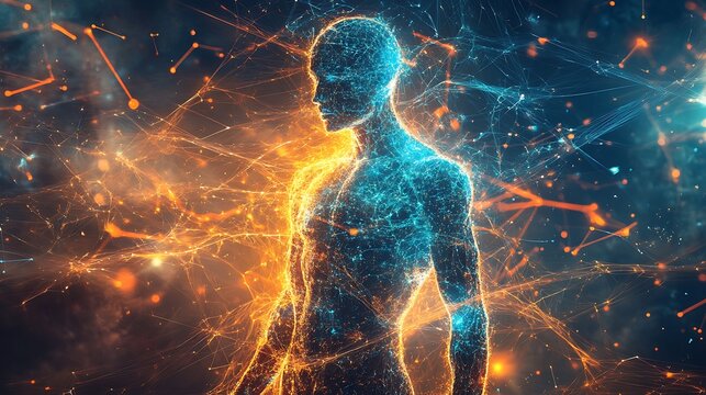 Digital human surrounded by glowing blue and orange energy in a high-tech digital realm