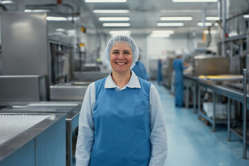 Smiling worker in modern industrial kitchen wearing a blue apron and hairnet