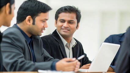 Fototapeta premium Indian Business Team Collaborating on Office Projects - Indian business professionals brainstorming and collaborating on office projects around a meeting table. 