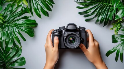 Hands Holding a DSLR Camera Surrounded by Tropical Greenery