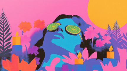 Vibrant pop art portrait with tropical elements and surreal atmosphere