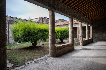 Naklejka premium View of ancient Roman city ruins of Pompei, destroyed from eruption of Mount Vesuvius in 1st century.