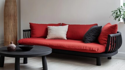 Scandinavian interior design for modern living room. Modern red sofa with pillows and black round wooden table in minimalist style living room.