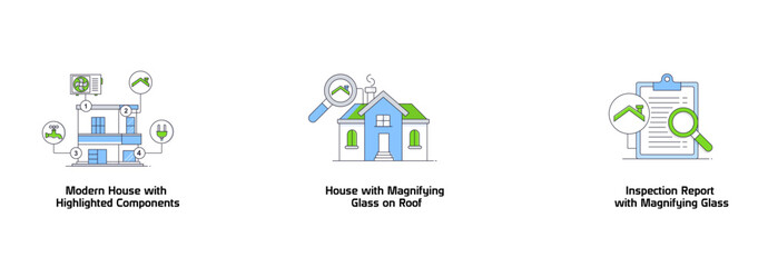 Property Maintenance Insights. House with Magnifying Glass on Roof, Inspection Report with Magnifying Glass, Modern House with Highlighted Components