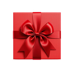 Red gift box with red silk ribbon bow on top view isolated on transparent background