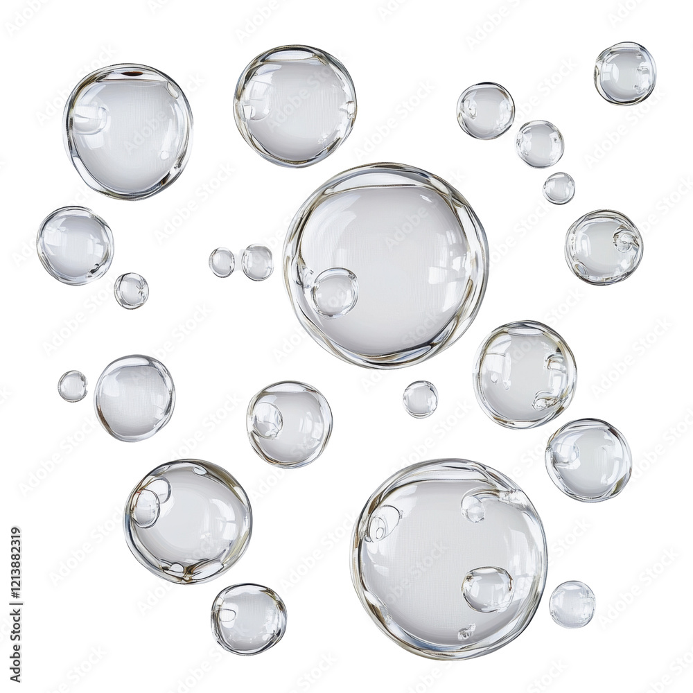 Poster The image depicts a collection of various sized transparent bubbles on a light gray textured background.