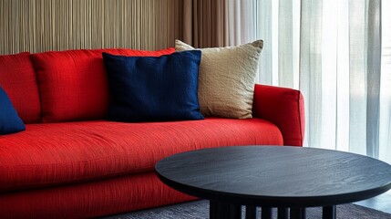 Scandinavian interior design for modern living room. Modern red sofa with pillows and black round wooden table in minimalist style living room.