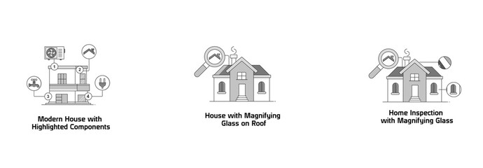 House Inspection and Components. Modern House with Highlighted Components, House with Magnifying Glass on Roof, Home Inspection with Magnifying Glass