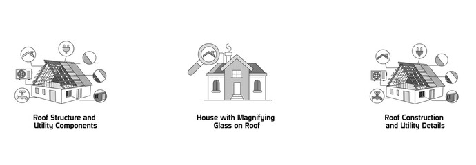Comprehensive Roof Inspection. Roof Construction and Utility Details, House with Magnifying Glass on Roof, Roof Structure and Utility Components