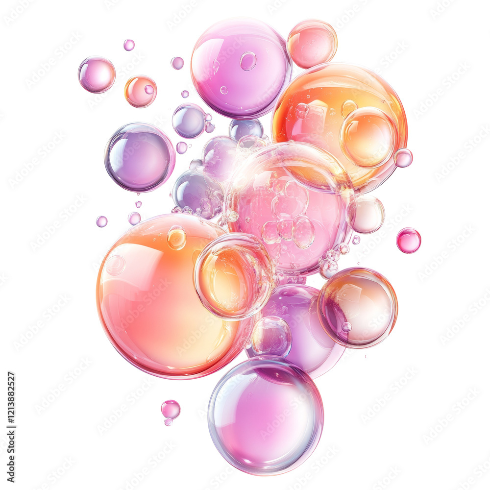 Poster a cluster of vibrant pink, purple, and orange translucent bubbles floats against a black background 