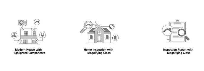Real Estate Tools. Inspection Report with Magnifying Glass, Home Inspection with Magnifying Glass, Modern House with Highlighted Components