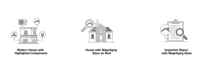 Property Maintenance Insights. House with Magnifying Glass on Roof, Inspection Report with Magnifying Glass, Modern House with Highlighted Components