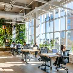 Modern coworking office space filled with creative professionals working, bright and airy atmosphere, contemporary design elements, large windows, greenery accents, warm color palette. generative ai.