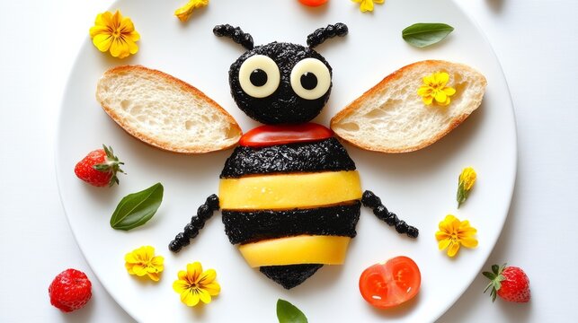 Plate of food with a bee design on it. The plate is filled with various fruits and vegetables, including strawberries, tomatoes, and bread. The bee design is made from bread and other food items