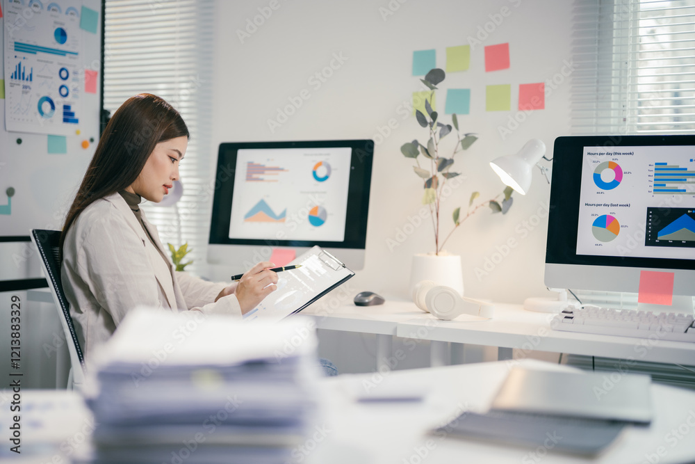 Poster asian businesswoman working with financial data using computer and clipboard in modern office