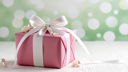 A beautifully wrapped pink gift box with a white ribbon, accompanied by pearl necklaces, set against a soft green bokeh background.