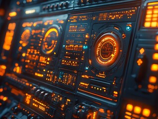 Obraz premium Futuristic High Tech Digital Control Panel with Illuminated Instrument Displays and Sci Fi Interface Elements