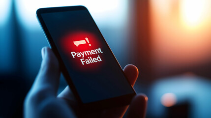 A hand holds a smartphone displaying a "Payment Failed" notification in red, highlighting an issue with a transaction in a dimly lit environment.